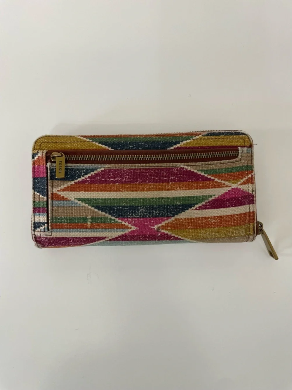Fossil Multicolor Aztec Geometric Fabric Zip Around Wallet Boho Cottagecore
